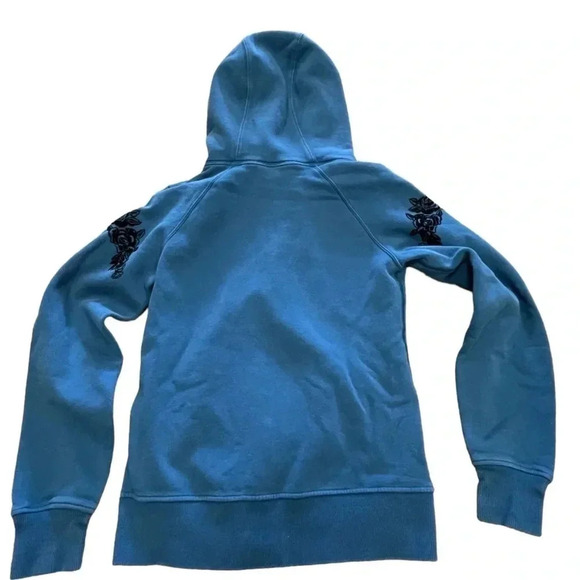 Ivivva Lululemon Blue Hoodie With Black Velvet Flowers Size  12 - Picture 3 of 9